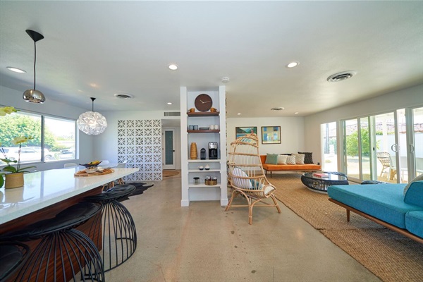 Open plan from kitchen island through to the seating area