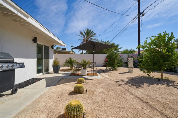Gravel side yard with barrel cacti, parasol and woven lounge chairs