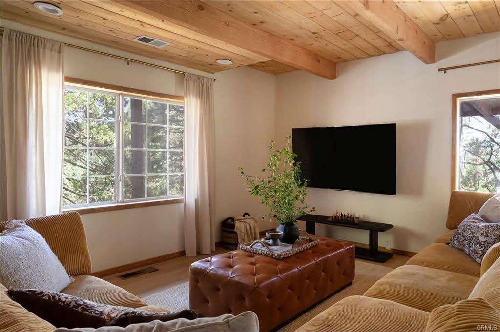 Living room from the window wall with beamed pine ceiling and jute rug