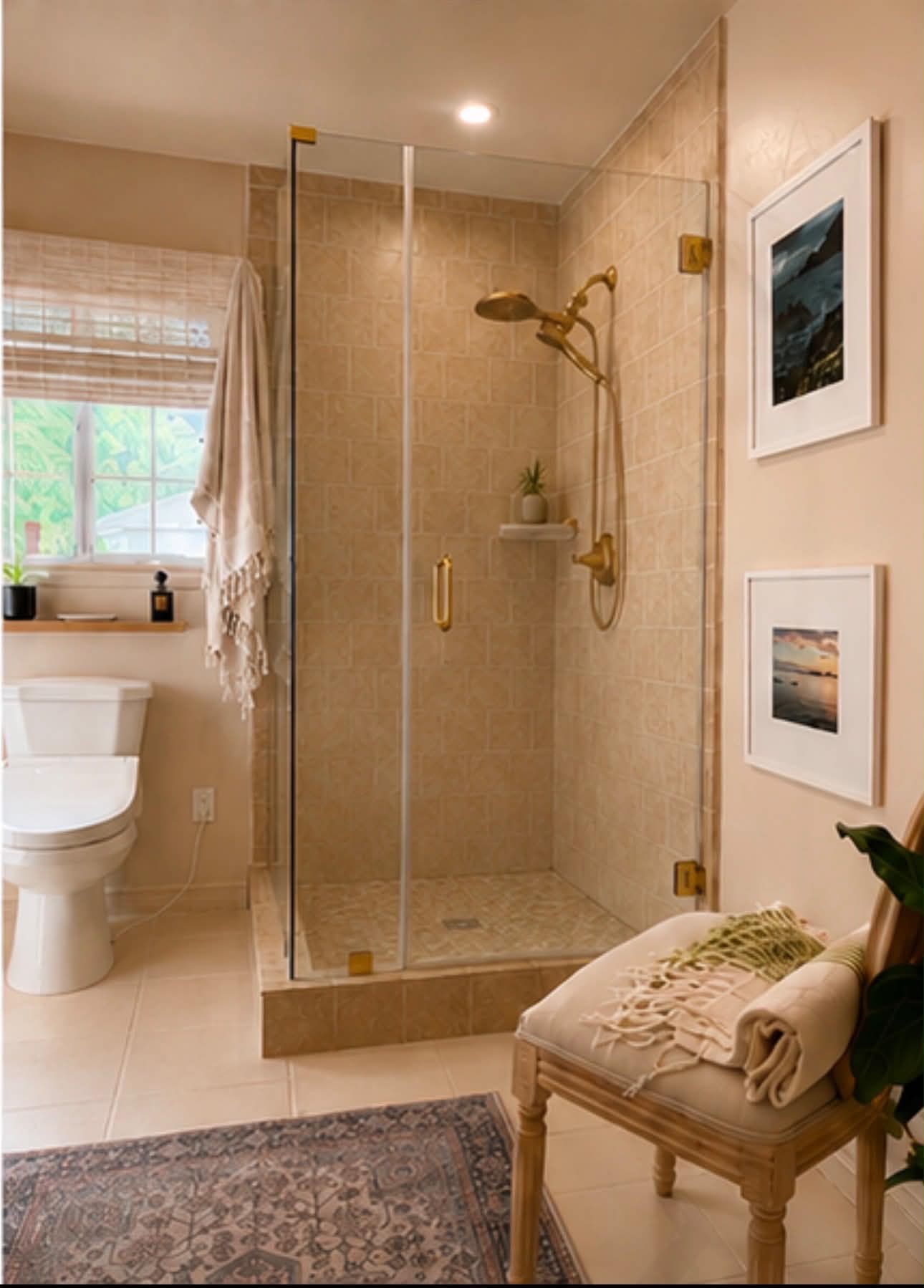 Glass shower enclosure with brass fittings, antique rug and framed art