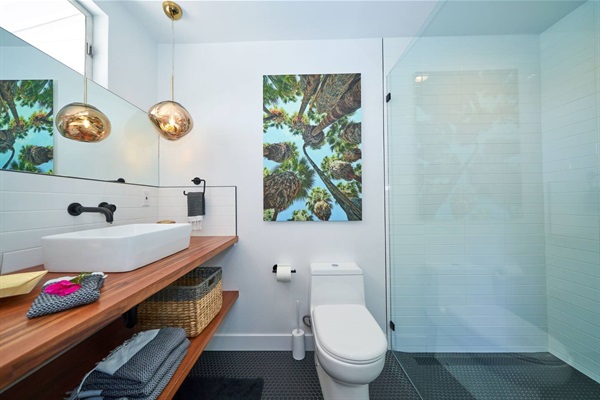 Guest bath with walnut shelf vanity, amber pendants and palm canvas